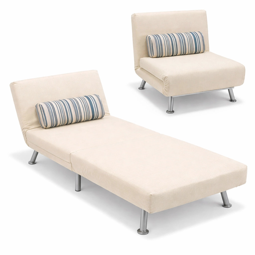 Poltrona Letto 1 Posto Schienale Reclinabile in Metallo e Tessuto 75x73x73 Salvaspazio Crema