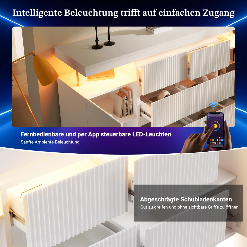 CREDENZA LED 150x40x78 cm Bianca in MDF e Metallo, 6 Cassetti e 2 Ante