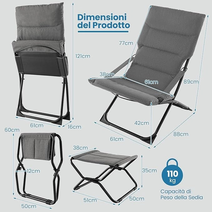Sedia da Giardino con Poggiapiedi, Sedia a Sdraio Pieghevole, con Cuscino Rimovile, Sedia Reclinabile da Spiaggia, Sedia Portatile da Esterno, Portata 110 kg