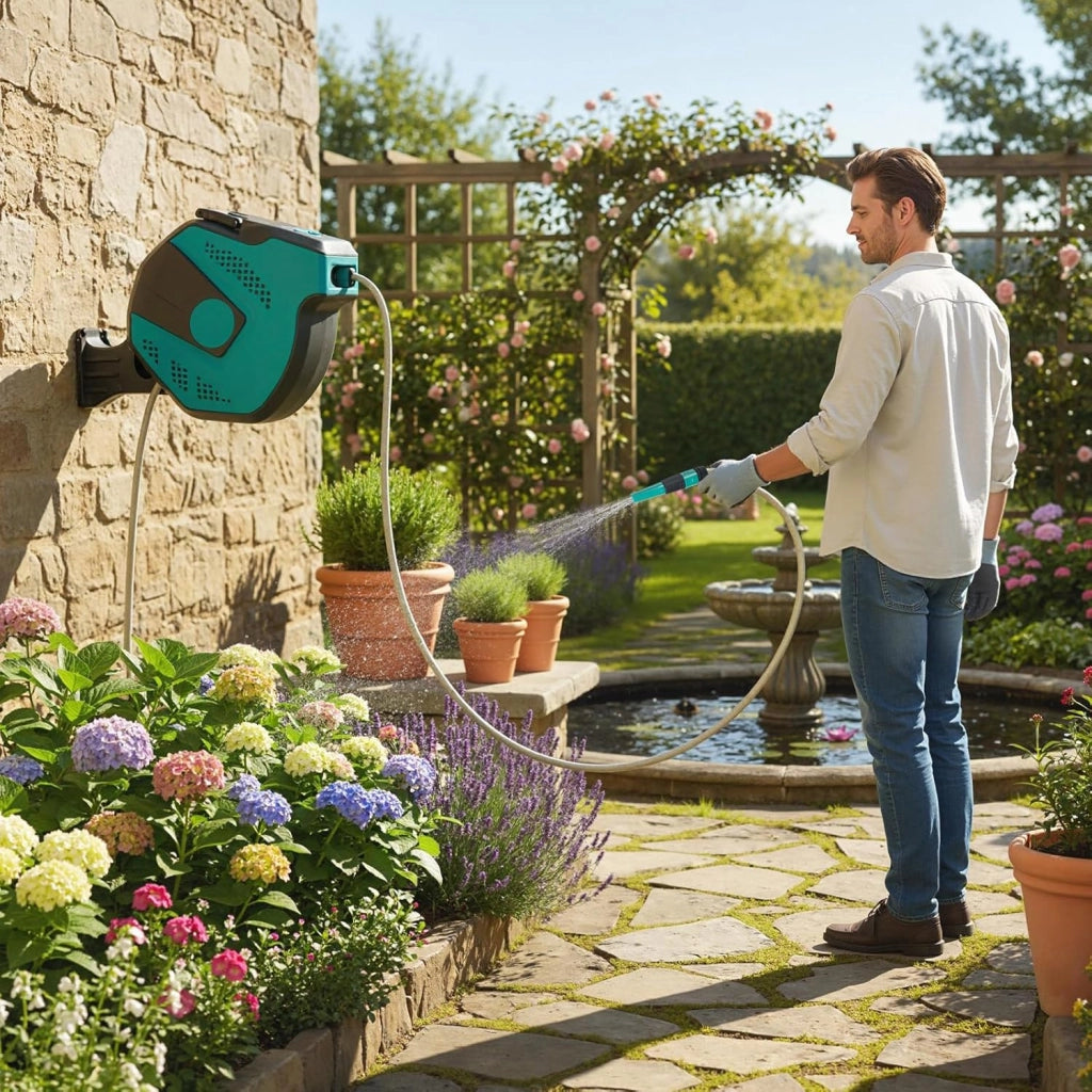 Avvolgitubo da Giardino Automatico a Muro, Tubo in PVC 20/30 M con Tubo di Alimentazione 2 M, Supporto Girevole a 180°, Ritorno Lento, Avvolgitubo Acqua Retrattile con Ugello Spray (20 M)