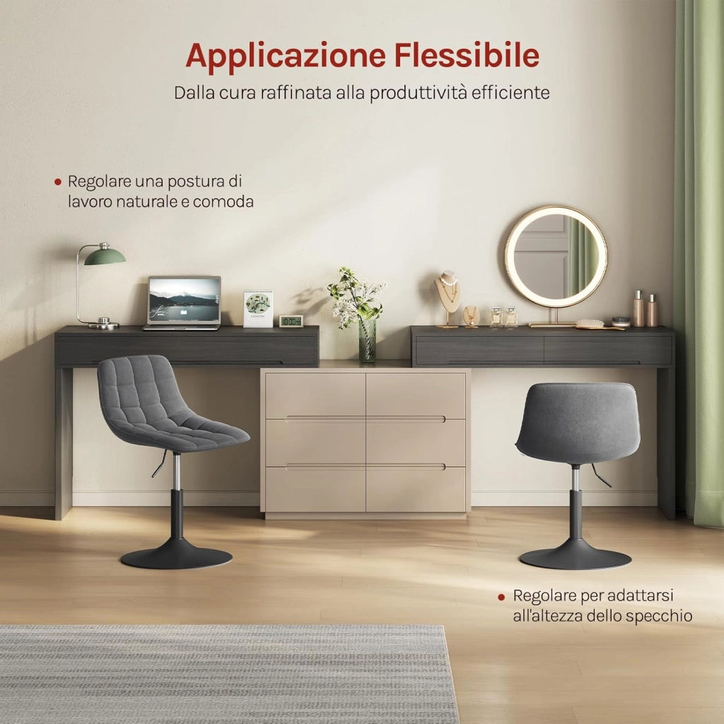 Sgabello da Trucco Sedia Alta da Cucina con Schienale Altezza Regolabile Girevole 360° in Velluto Grigio Scuro, 38-49.5cm