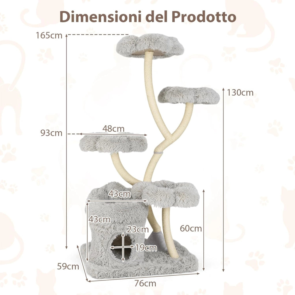 Tiragraffi per Gatti Alto 165cm,Alberi per Gatti con 4 Piattaforme, Tiragraffi in Sisal e Tubo di Supporto Robusto, Mobili per Animali da Interno (Grigio)