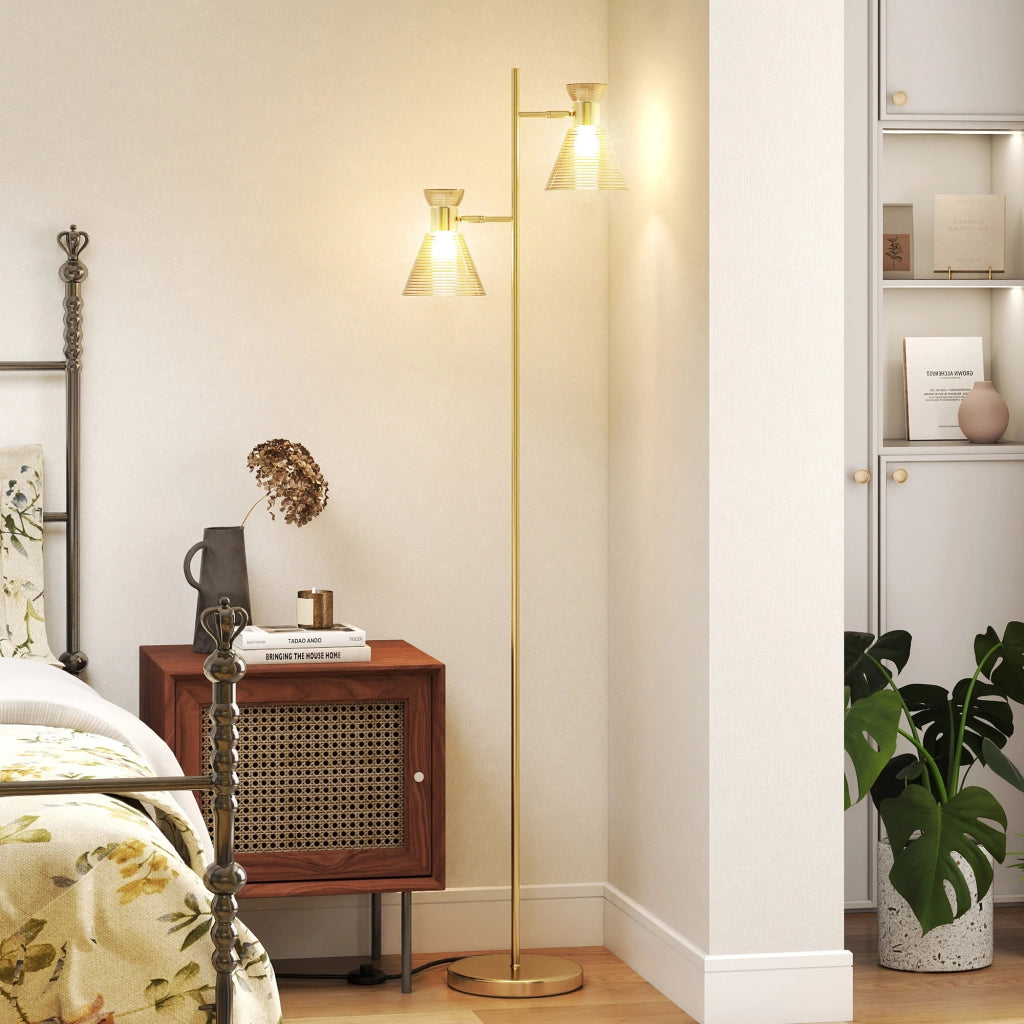 Lampada da Terra Moderna con 2 Luci e Teste Regolabili. Interruttore a Pedale. Oro