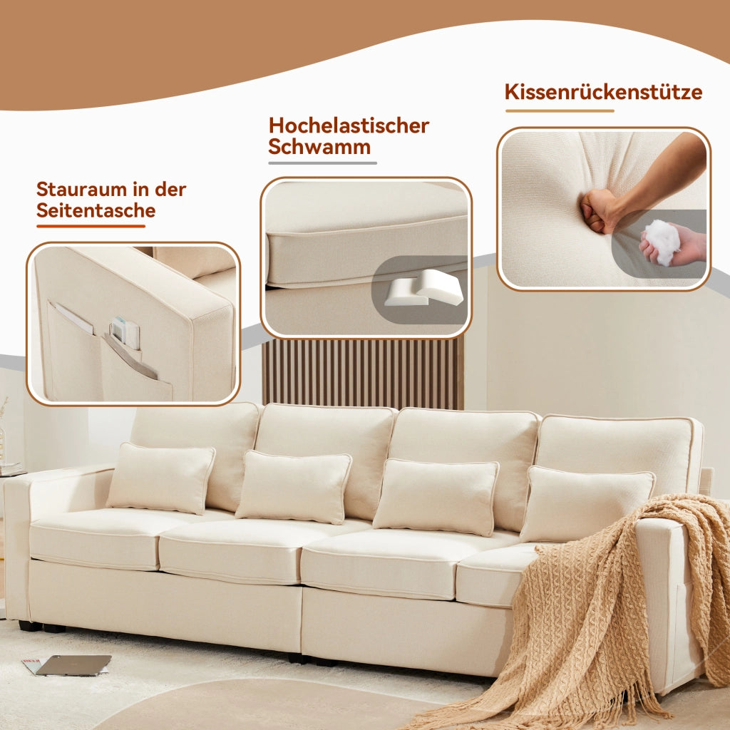 Divano 4 Posti con Tasche Laterali e 4 Cuscini Lombari; in Tessuto di Lino; Beige; 264 × 83 × 87 cm