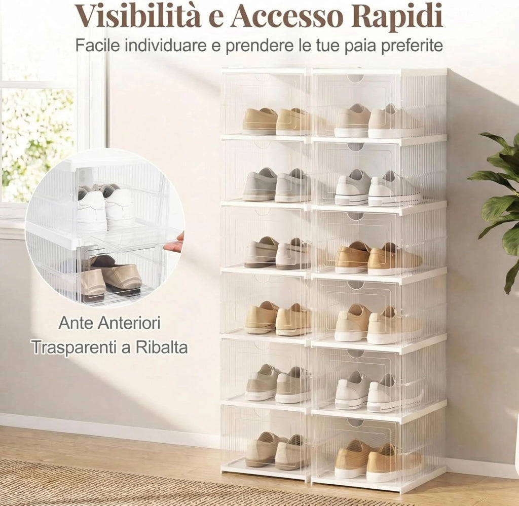 Scatole per Scarpe, Set di 2 Organizzatore per Scarpe a 6 Livelli, Scatole Pieghevoli in Plastica con Porta Frontale a Ribalta, Scarpiera Salvaspazio per Ingresso e Soggiorno
