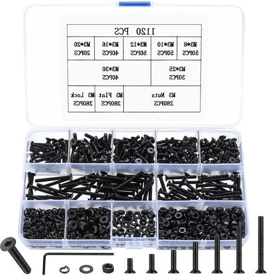 Set di viti e dadi premium con 1120 pezzi di viti M3, dadi, anelli e viti di regolazione a testa a sei facce. Ideale per diverse operazioni di fai da te.
