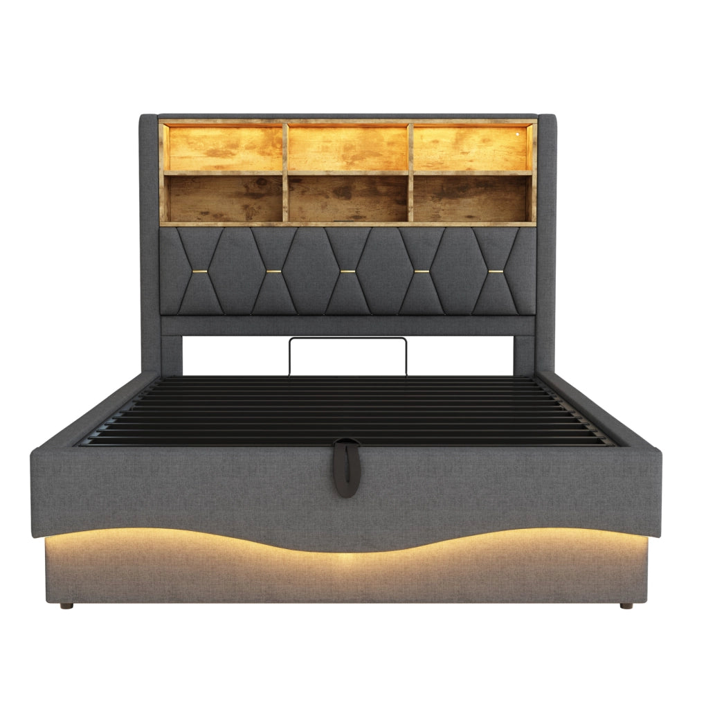 Letto imbottito 140x200 cm con contenitore; LED e USB in lino e metallo grigio