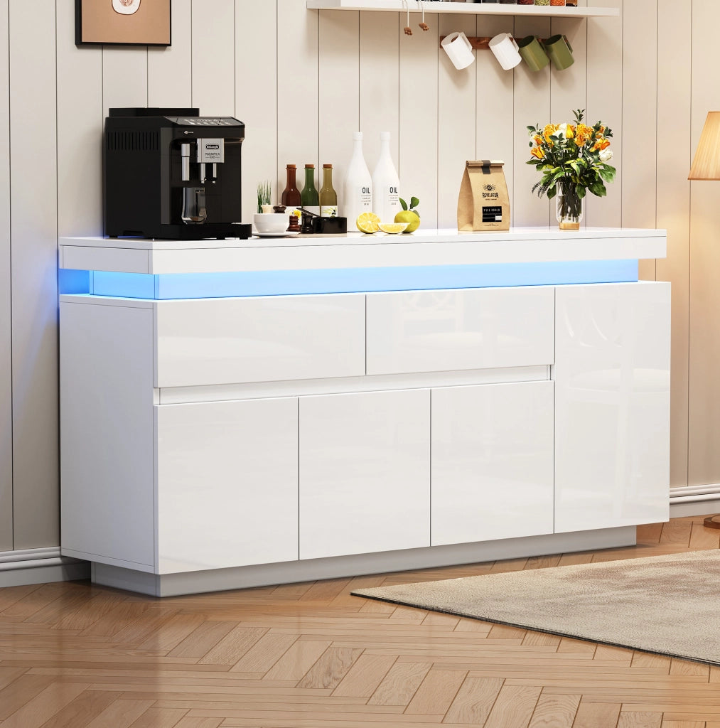 Madia ULEVR 140x35x72,5 cm con 4 ante, 2 cassetti, LED e USB, bianco lucido