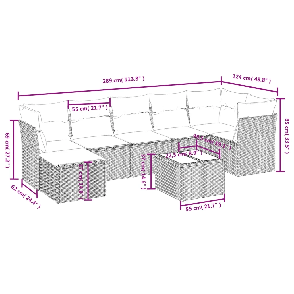 Set Divano da Giardino 8pz con Cuscini Grigio Chiaro Polyrattan 3263208