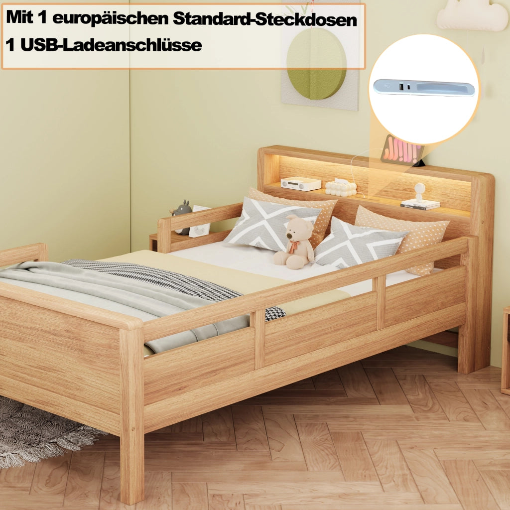 Letto per bambini 90 × 200 cm con LED, USB e Type-C, testiera con ripiano, sponde di sicurezza, senza materasso