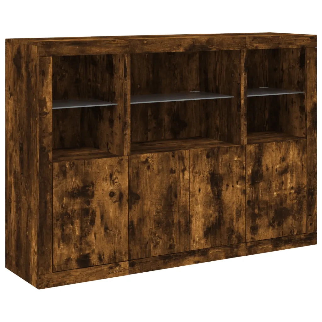 Credenze con Luci LED 3 pz | Madia | Buffet da pranzo | Armadio da pranzo Rovere Fumo in Legno Multistrato