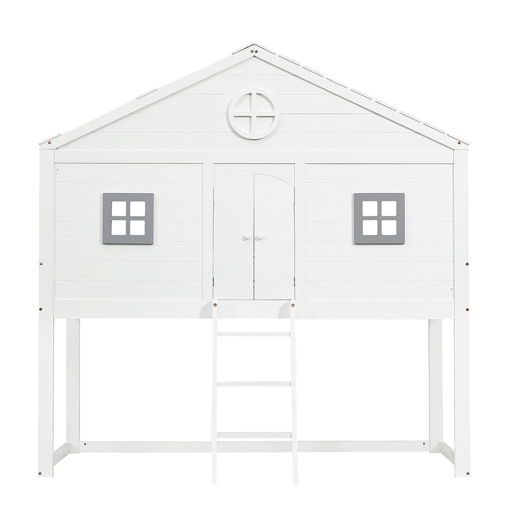 Letto Casa Bambini – Xylo – 90x200cm, Scala, Protezione Anti-Caduta, 2 Finestre Grigie, Ripostiglio Sottoletto, Bianco/Grigi
