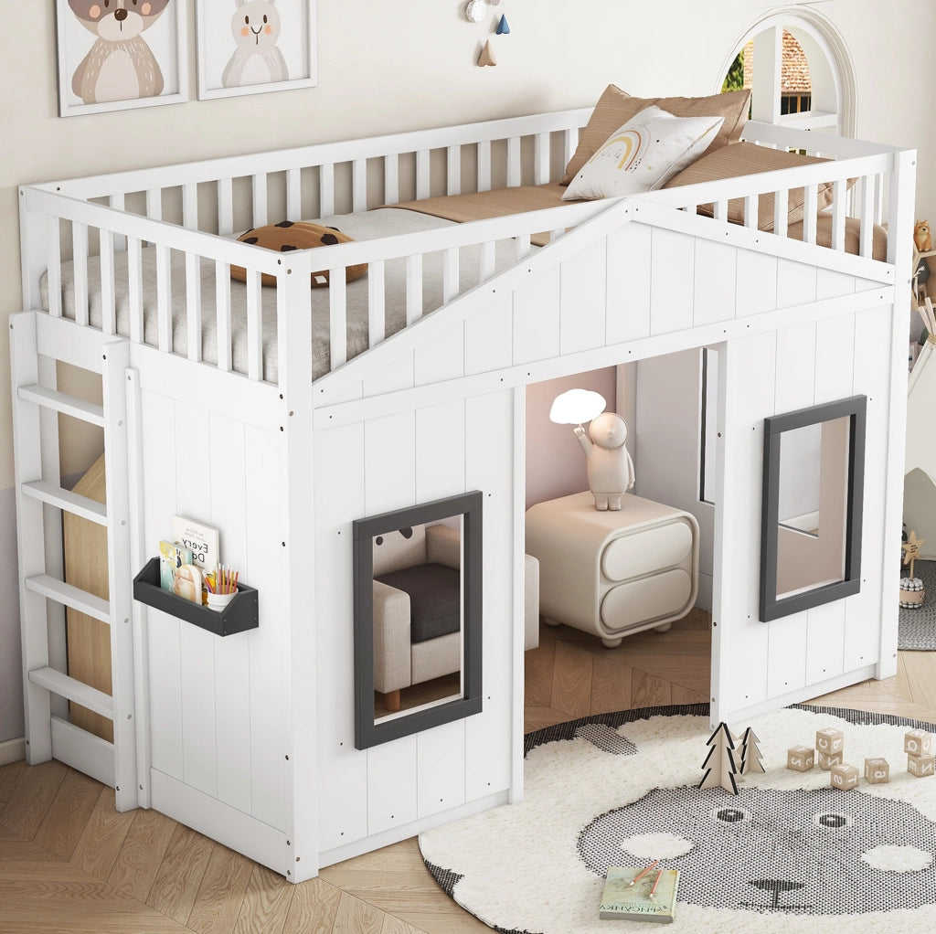 Letto a soppalco per bambini 90x200 cm bianco e grigio con scala e parapetti