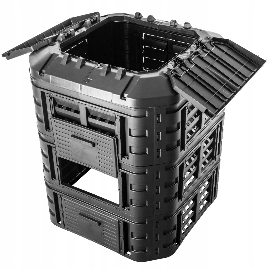 Compostiera modulare da giardino KADAX 860L resistente al gelo, utilizzabile tutto l'anno, colore nero.