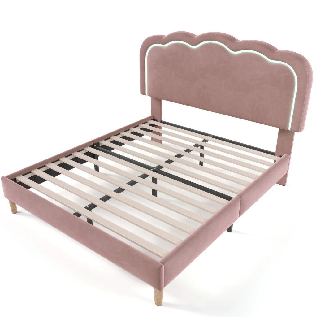 Letto imbottito 140x200 cm in velluto rosa con testiera LED regolabile