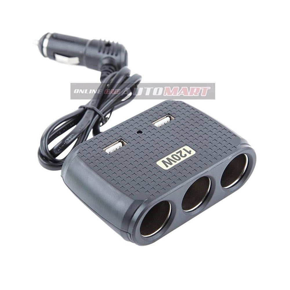 Trade Shop - Sdoppiatore Adattatore 3 Accendisigari Triplo + 2 Usb 120w Auto Camper Barca Multicaricatore -