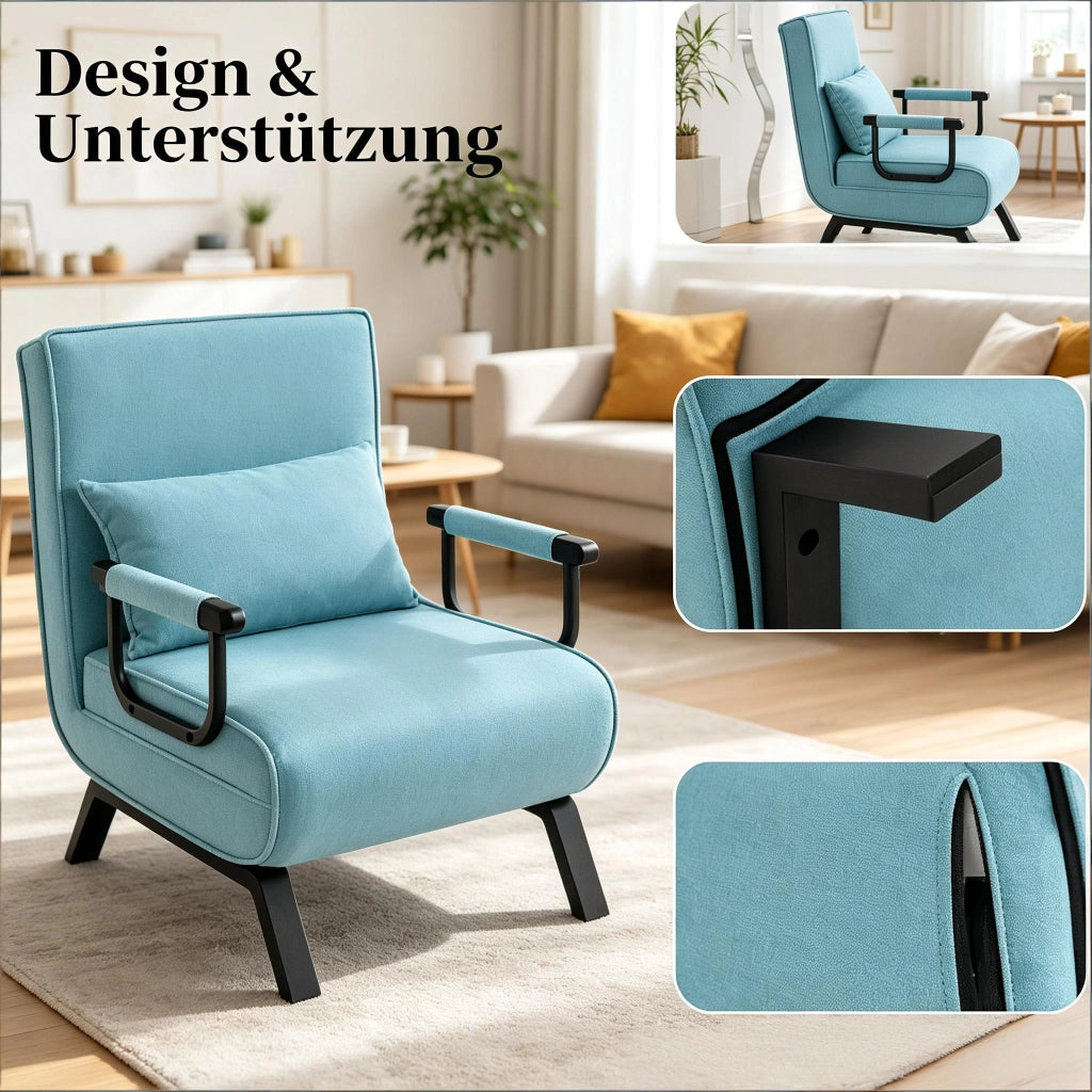 Poltrona letto convertibile 3 in 1 con schienale reclinabile a 5 posizioni, senza materasso, blu