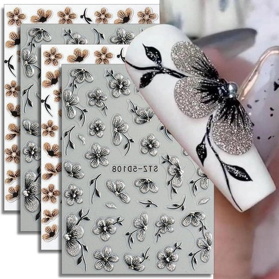 Stickermateriali decorativi 3D - Fiori brillanti neri e dorati - Set di 4 fogli