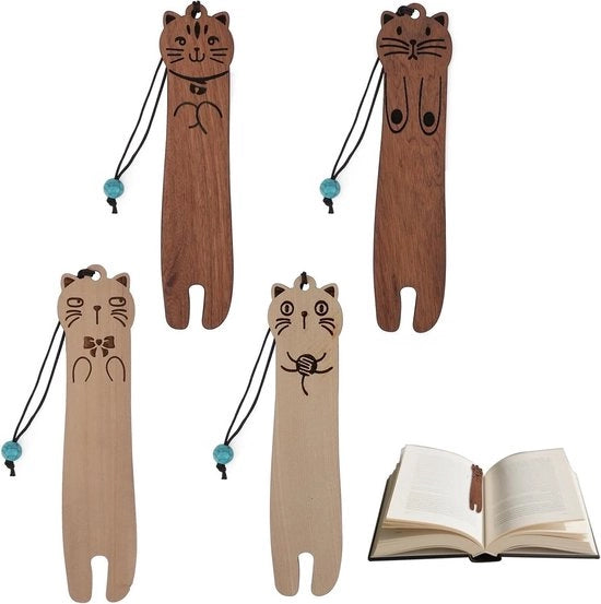 Set di 4 sostituti di cuscini per libri in legno - Ideali come regali personalizzati per gli amanti dei libri - Tema gatto - Adatti per bambini e insegnanti