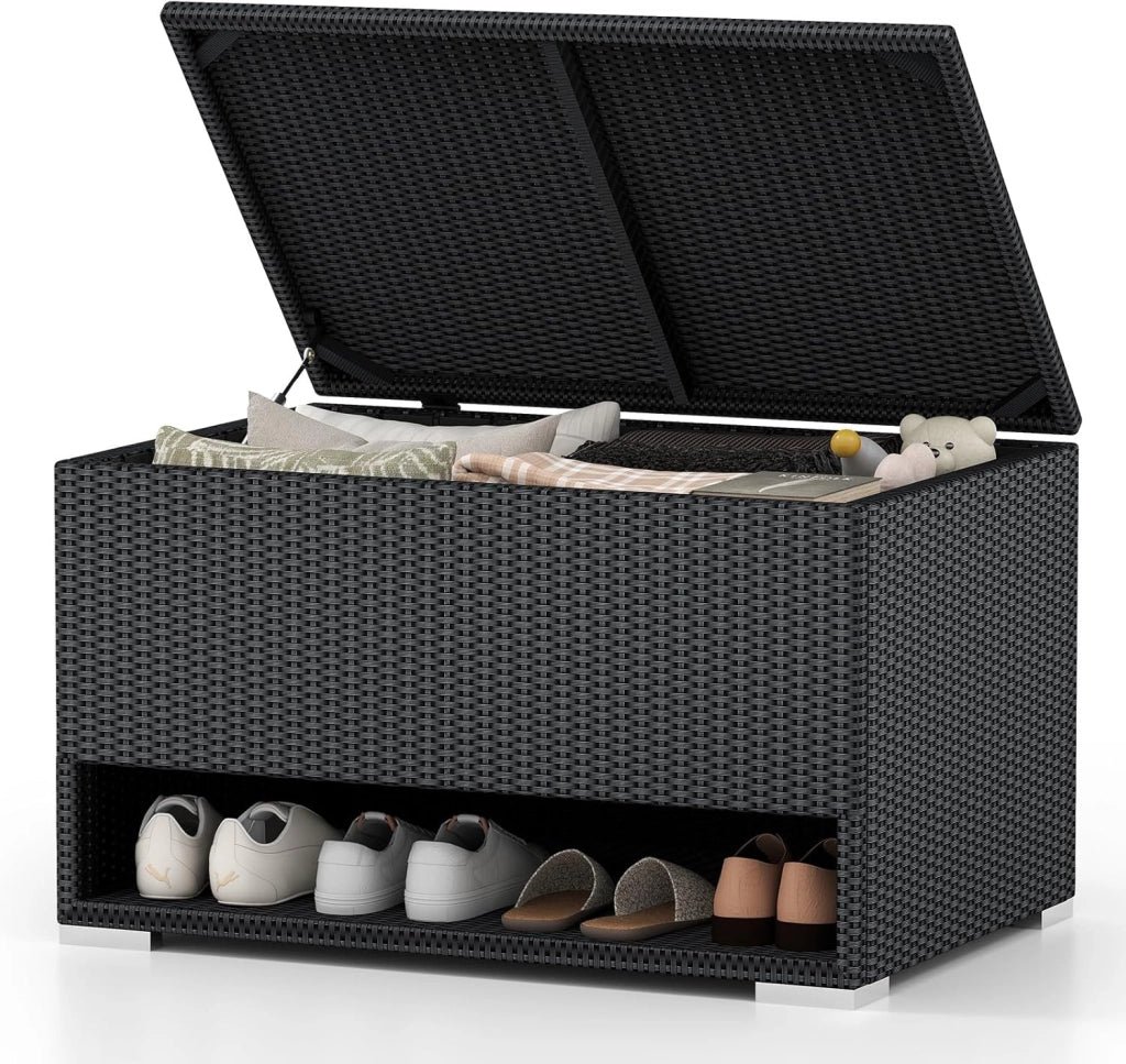 Cassapanca in rattan PE da esterno da 186 litri, con ripiano per scarpiera, fodera protettiva impermeabile, 95 x 60 x 58 cm, scatola per giardino, balcone, patio (nero)