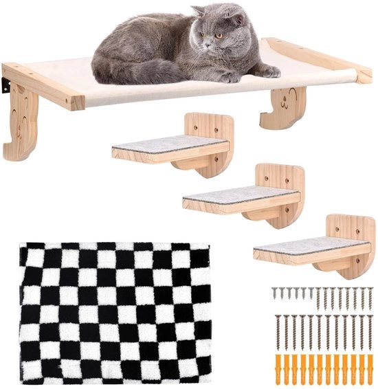 Sistema di Sostegno per Gatti a Parete con Montaggio a Vano - Mobili per Gatti in Legno - Pannelli per Gatti - Braccia per Sedersi - Sistema di Sostegno per Gatti a Parete con Raccordo - Piattaforma in Pluche per Sonno e Gioco - Letto per Gatti