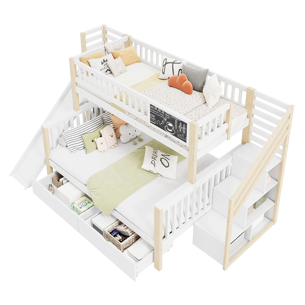 Letto a castello per bambini - Xylo - 140x200 cm e 90x200 cm - Bianco - Multifunzionale con lavagna