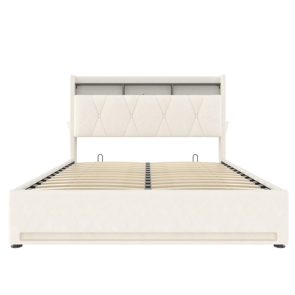 Letto Contenitore Imbottito con LED e USB ¨C MINIMAL ¨C Beige 140x200