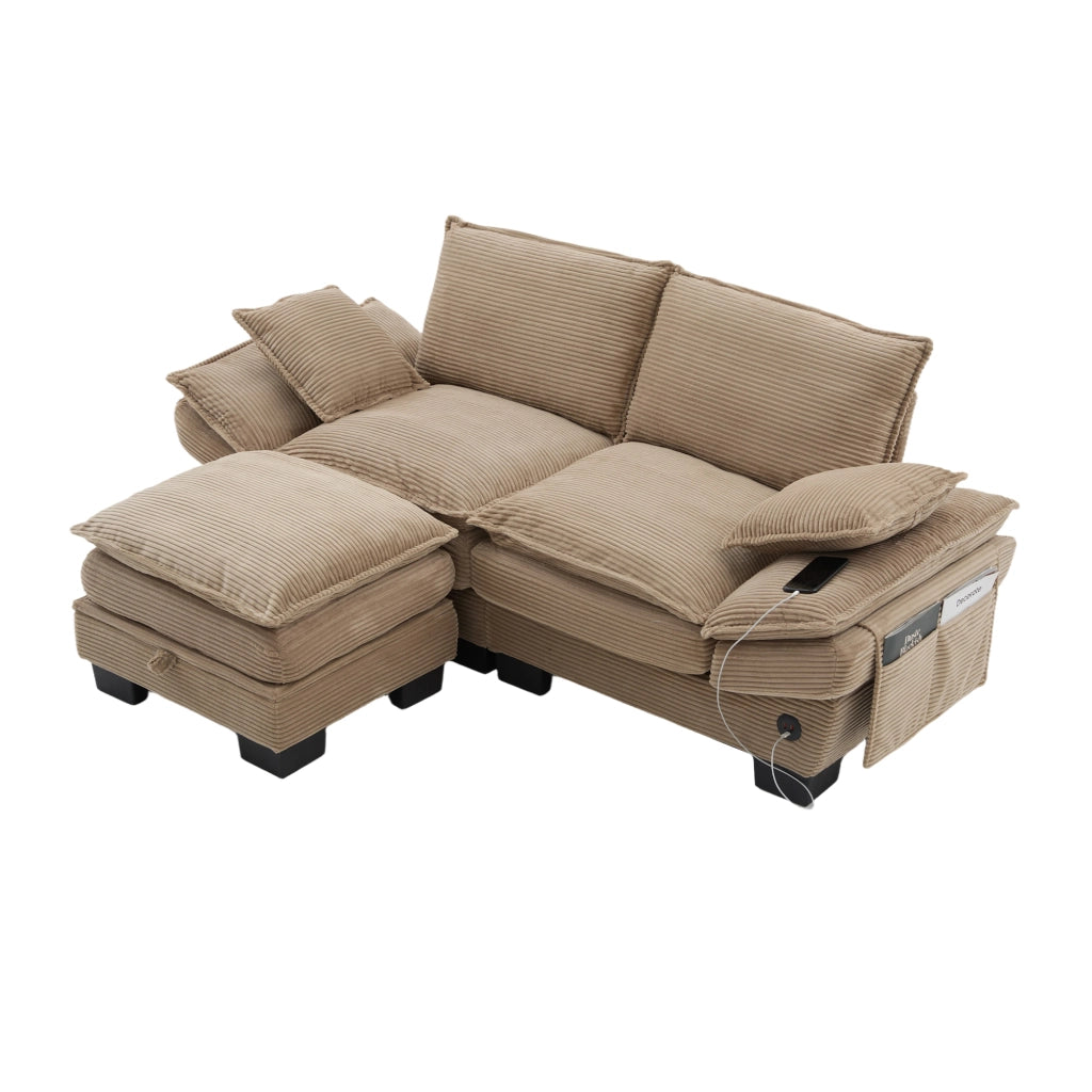 Divano a 2 posti in corduroy con pouf, ampia seduta ergonomica, USB-C e tasche laterali, per soggiorno, khaki