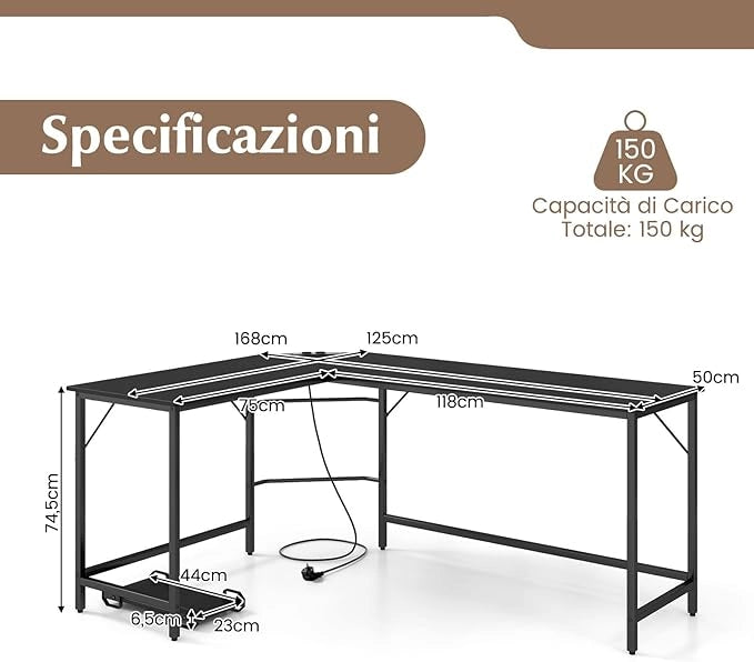 Scrivania Angolare Salvaspazio, Scrivania ad Angolo a Forma di L con Presa di Corrente, Supporto CPU e Telaio in Metallo Resistente, Scrivania per Computer da Casa e Ufficio (Nero)