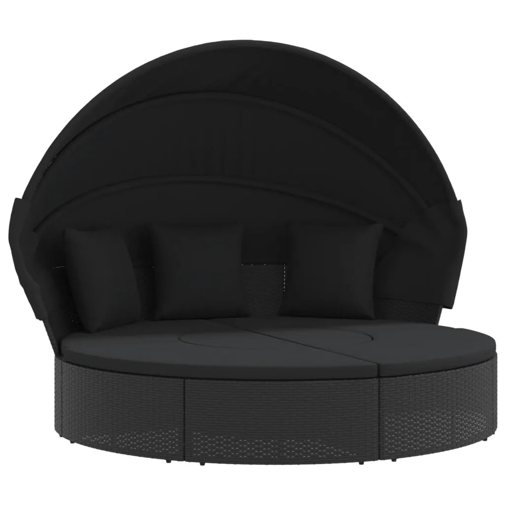 vidaXL Lettino Prendisole Esterno Tetto e Cuscini Nero in Polyrattan