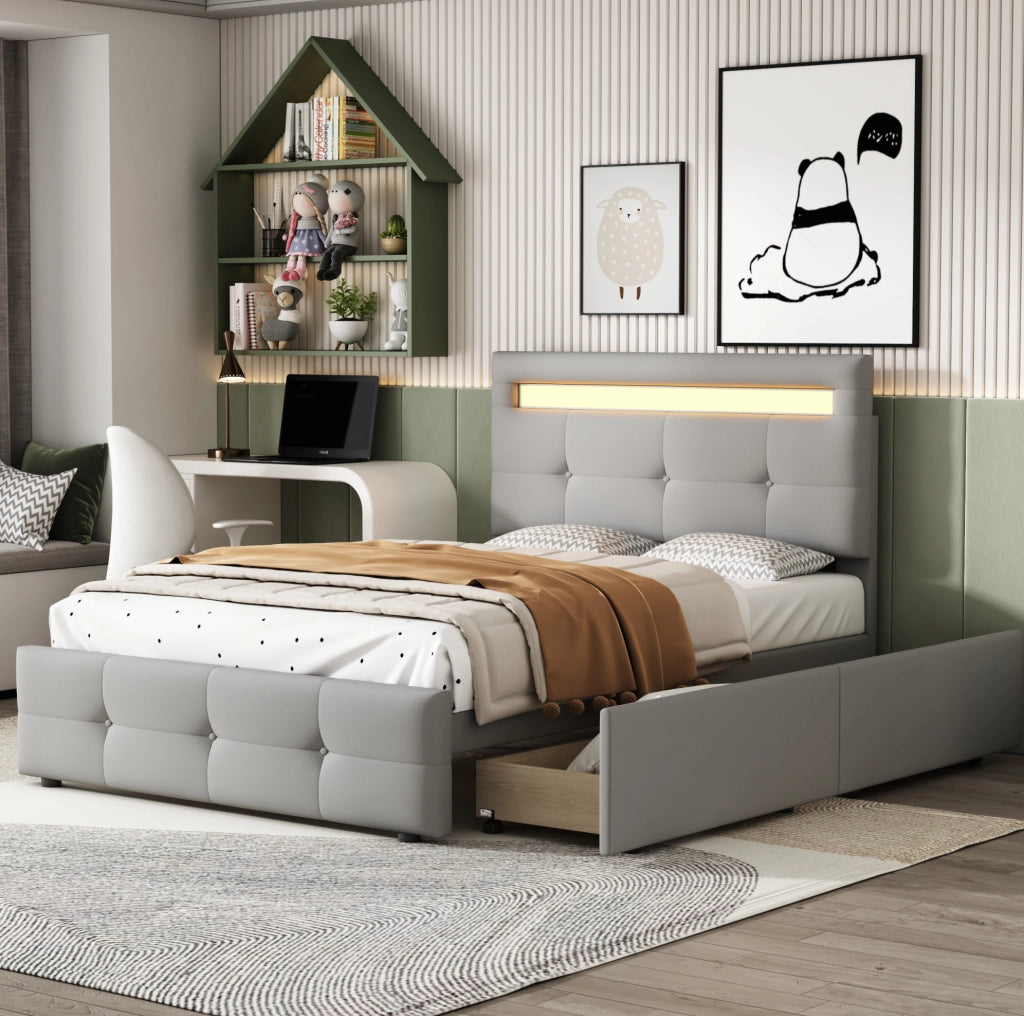 Letto imbottito 90x200 cm grigio con LED, 2 cassetti e rete a doghe