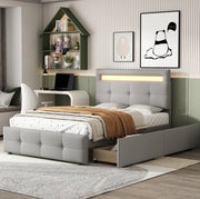 Letto imbottito 90x200 cm grigio con LED, 2 cassetti e rete a doghe