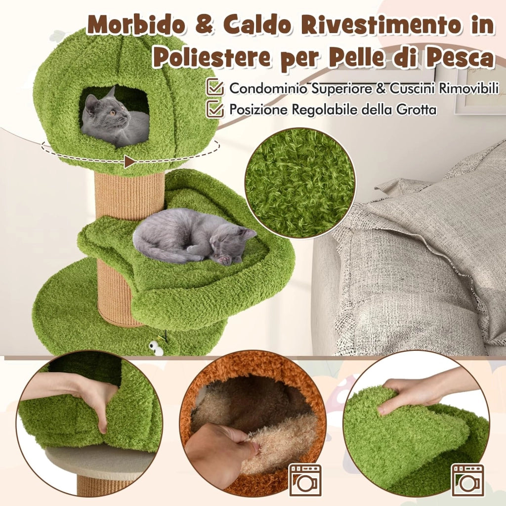 Tiragraffi a Forma di Albero per Gatti 175cm, Albero per Animali Domestici con 2 Casette, Trespolo Peluche, Palline Teaser, Pali in Sisal e Cuscini Rimovibili, Torre Moderno Interno