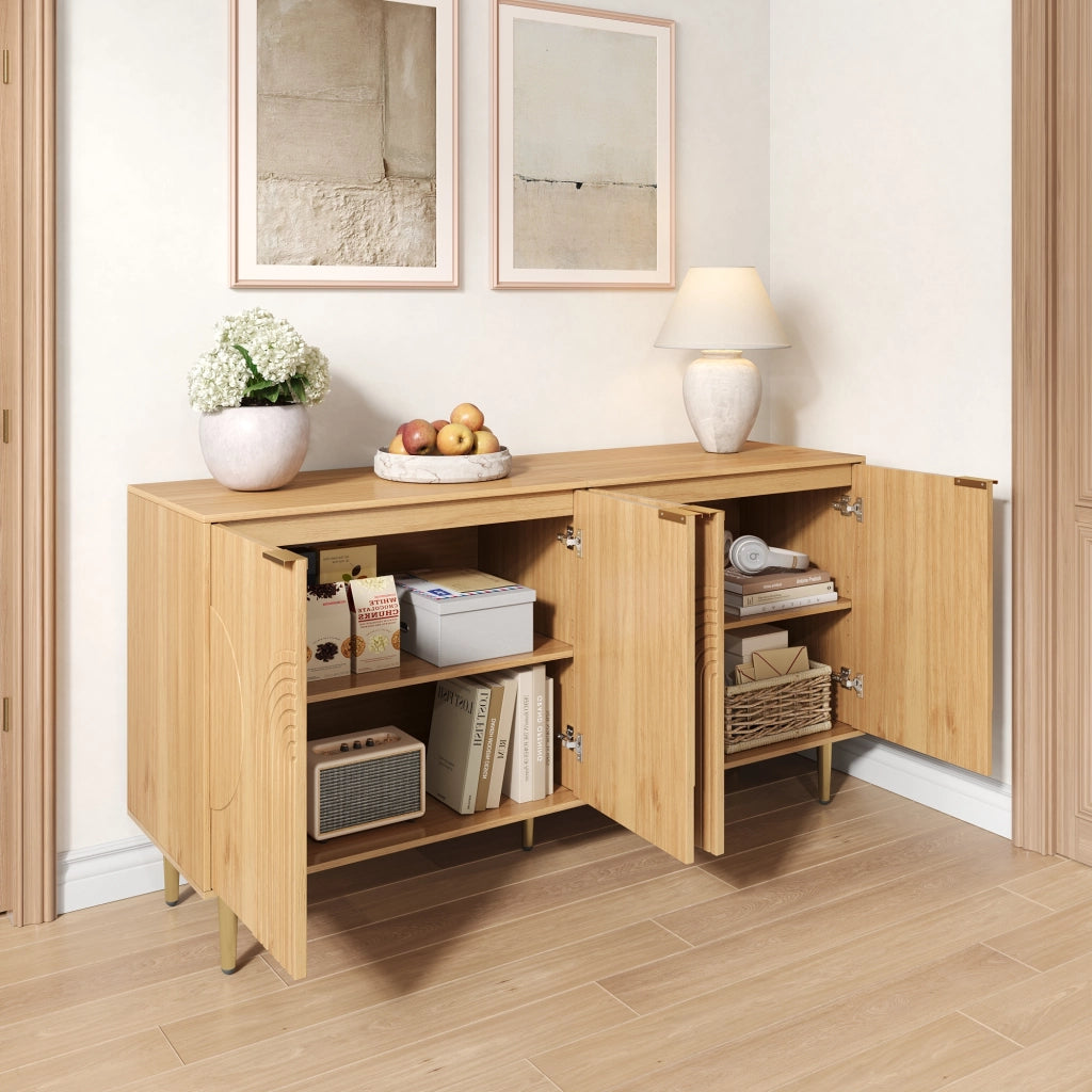 OKWISH Madia con 4 ante e ripiani regolabili, gambe in metallo, per soggiorno o sala da pranzo, MDF, naturale, 140 x 40 x 72 cm
