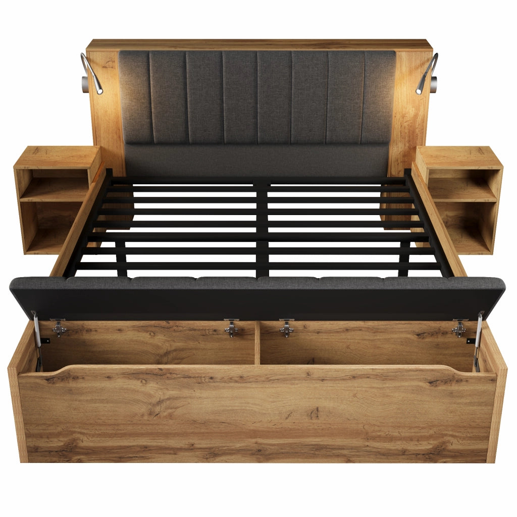 Letto matrimoniale 160x200 cm in legno effetto rovere con testiera reclinabile, luci LED con USB, comodini e panca contenitore
