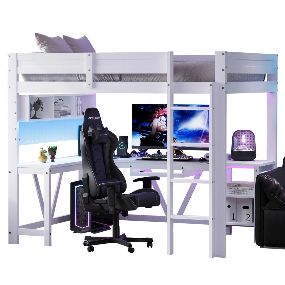 Letto a Soppalco Gaming in Legno con Scrivania e LED ¨C MINIMAL ¨C Bianco 90x200