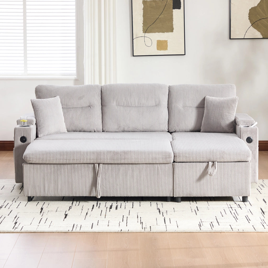 Divano letto a 3 posti con chaise longue idraulica, letto estraibile, USB-C e tessuto a coste grigio chiaro