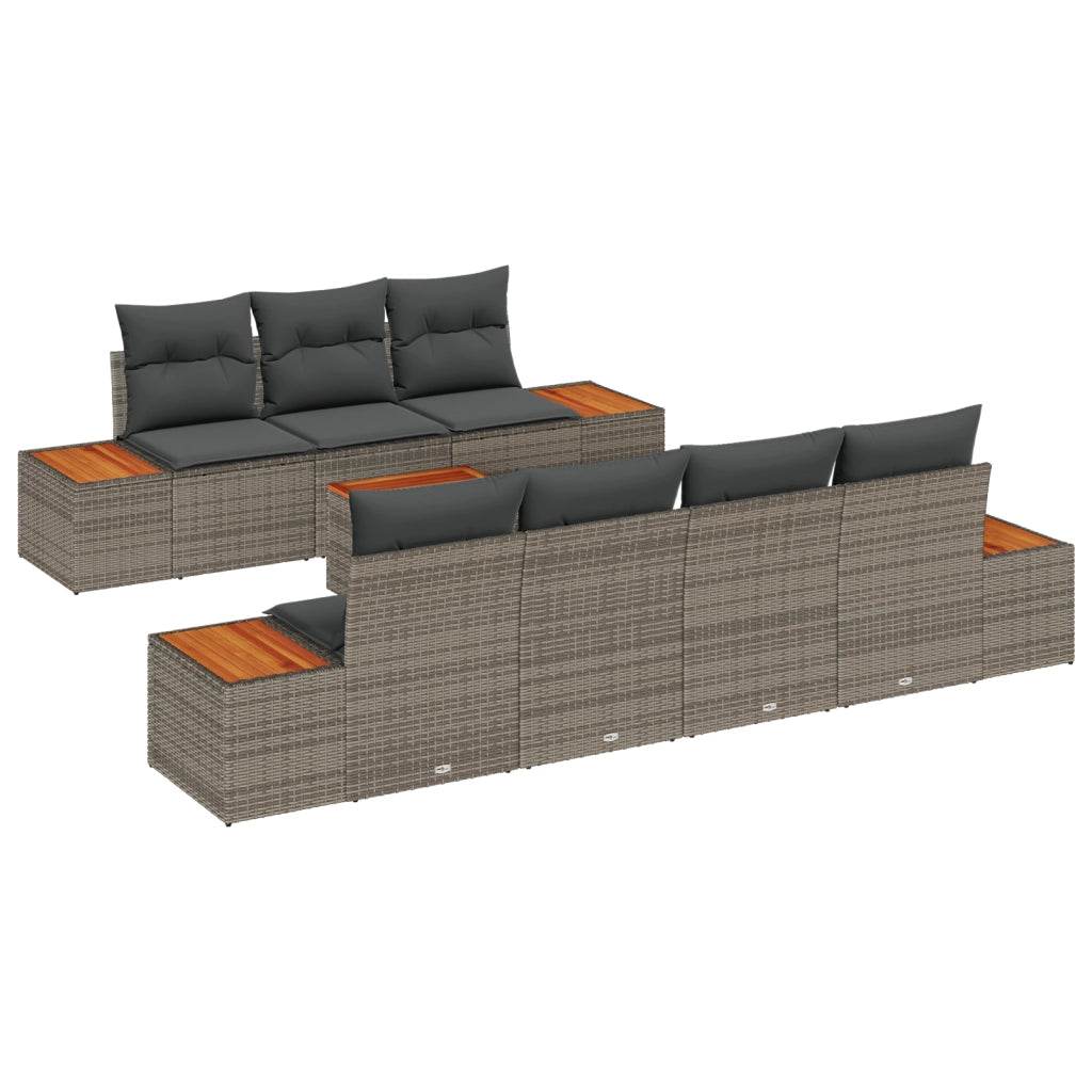Set divani giardino da 8 pezzi con cuscini grigi in polyrattan acacia