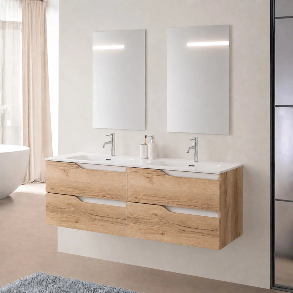 Mobile bagno sospeso 120 cm quercia e bianco due cassetti e doppia vasca Sumya