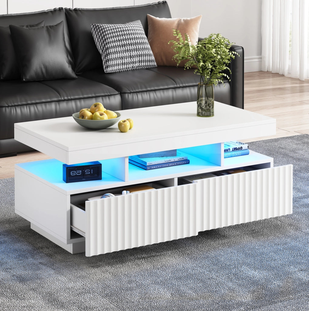 Tavolino da caffè bianco con 2 cassetti e LED, 100x50x45 cm