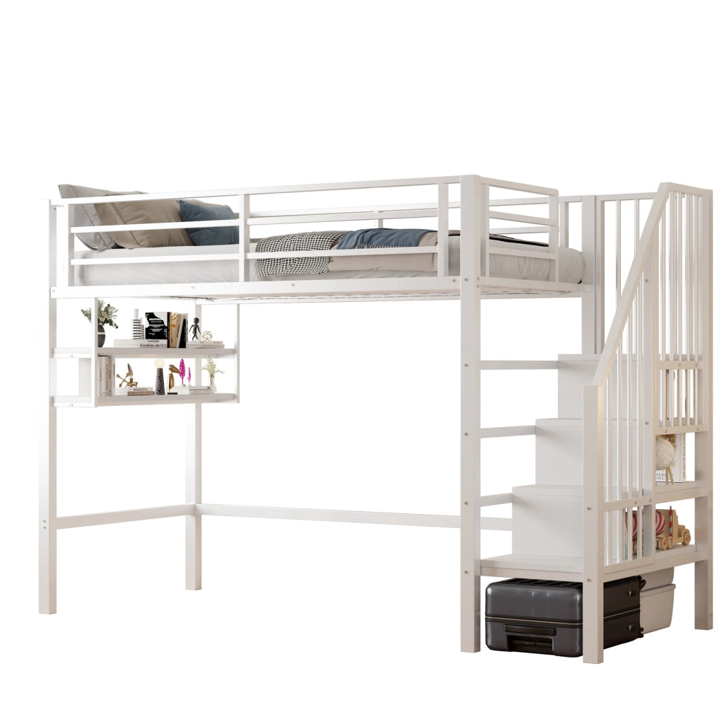 OKWISH Letto a soppalco 90×200 cm, Letto Singolo con Mensole, Scala con Contenitore e Sponda, senza Materasso, in Metallo, Bianco