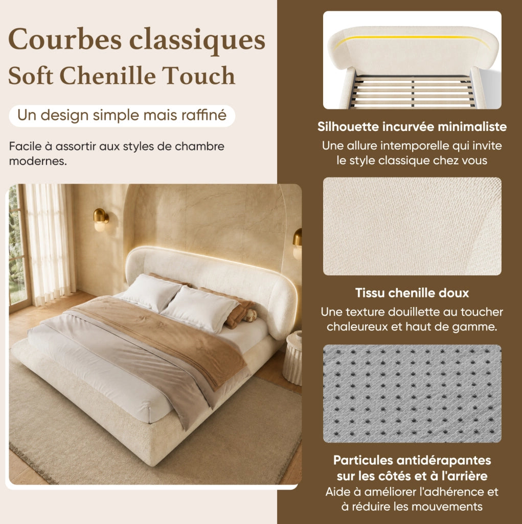 Letto matrimoniale imbottito 140 x 190 cm in ciniglia beige con rete a doghe e testiera