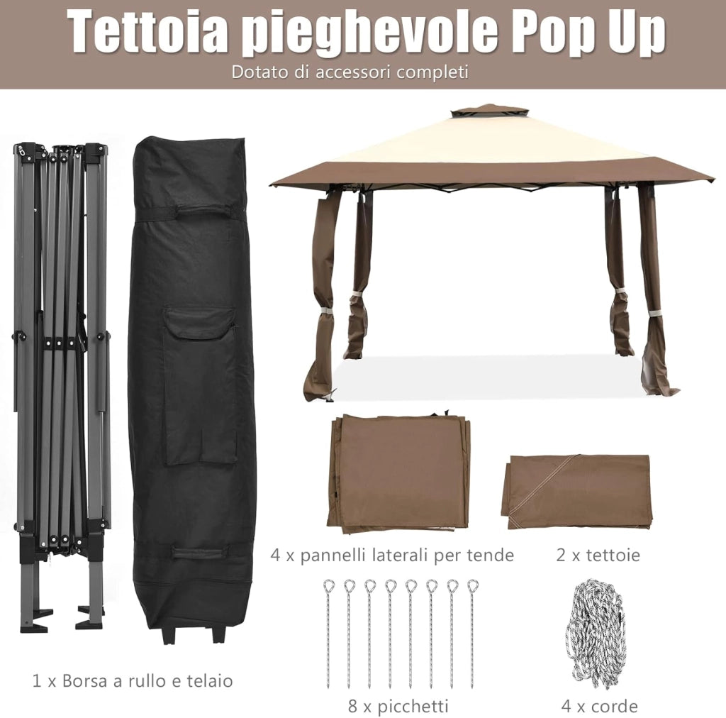 Gazebo da Giardino 395 x 395 cm Pop Up, Gazebo Pieghevole con Doppio Tetto e 3 Altezze Regolabili, con Borsa,Tessuto Oxford, Impermeabile, per Feste, Barbecue, Giardino, Spiaggia (Marrone)