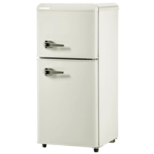 Frigorifero retro; congelatore; doppia porta; volume totale 60L; vano congelatore da 22L; luce LED; efficiente energeticamente; bianco crema