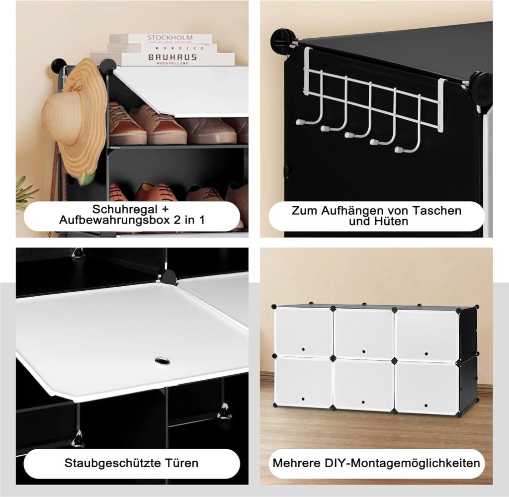 Scarpiera Modulare a 6 Scomparti, Portascarpe Salvaspazio in Plastica e Metallo, Scaffale Portaoggetti Componibile, con Sportello, Bianco + Nero