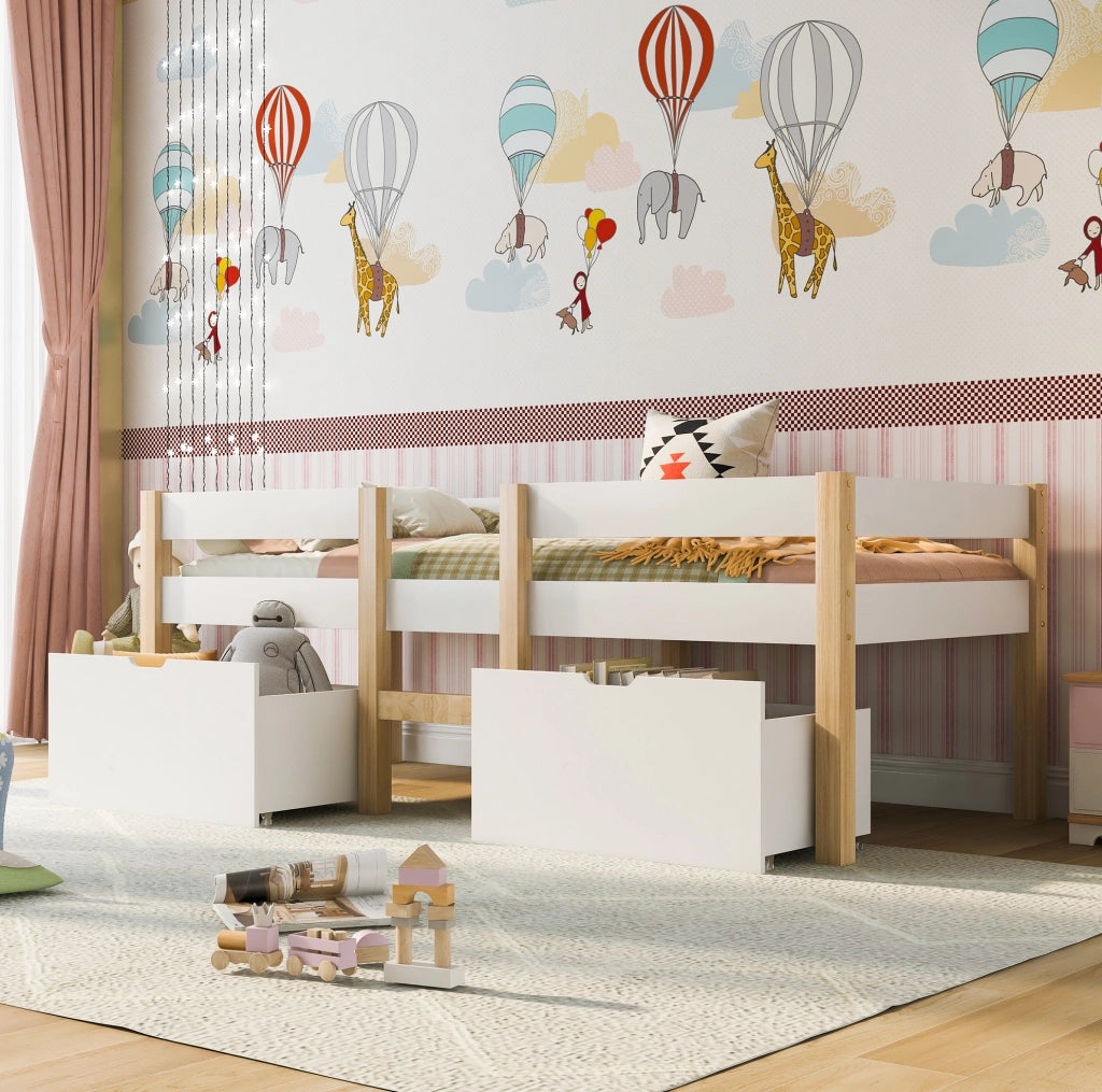 Letto per bambini 90x190 cm semi alto con cassetti e barriera; legno bianco (Senza materasso)