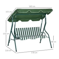 Dondolo 3 Posti con Tettuccio Regolabile e Cuscini, in Acciaio e Poliestere, 170x110x153 cm, Verde e Bianco