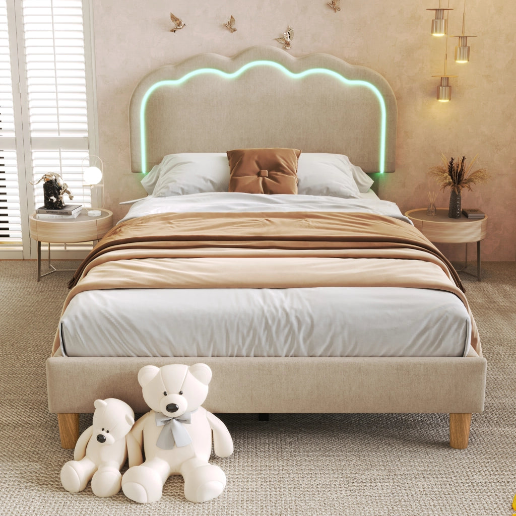 Letto Singolo 90 × 200 cm con Testiera Regolabile e LED; senza Materasso; in Lino; Beige