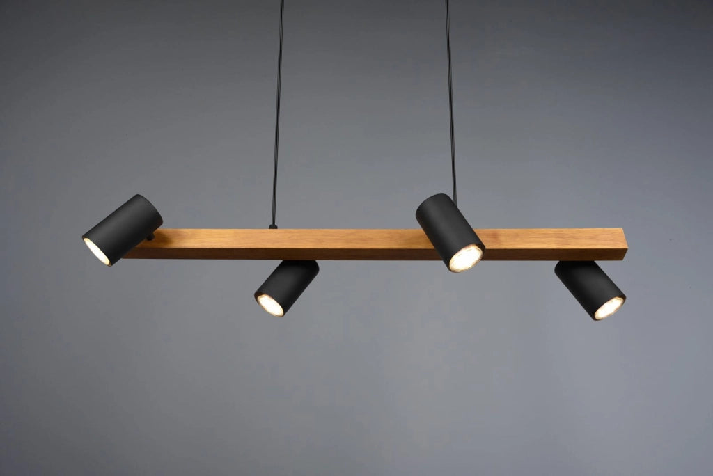 Lampadario Marley nero/legno 4 luci GU10 Trio h150cm