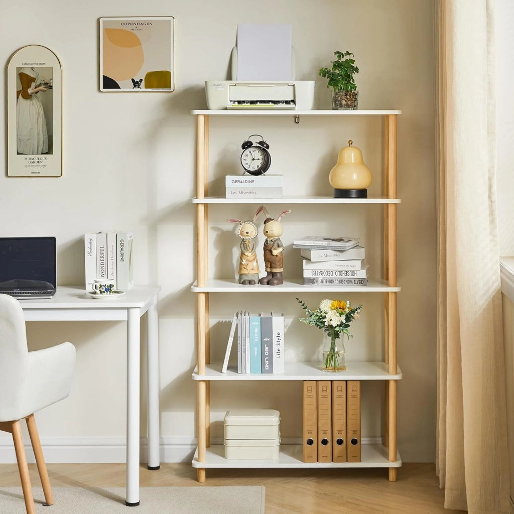 5-Tier libreria aperta in legno - moderno freestanding libreria organizzatore di stoccaggio, scaffali in piedi, espositore multifunzionale per camera da letto, soggiorno, bianco WBC005W